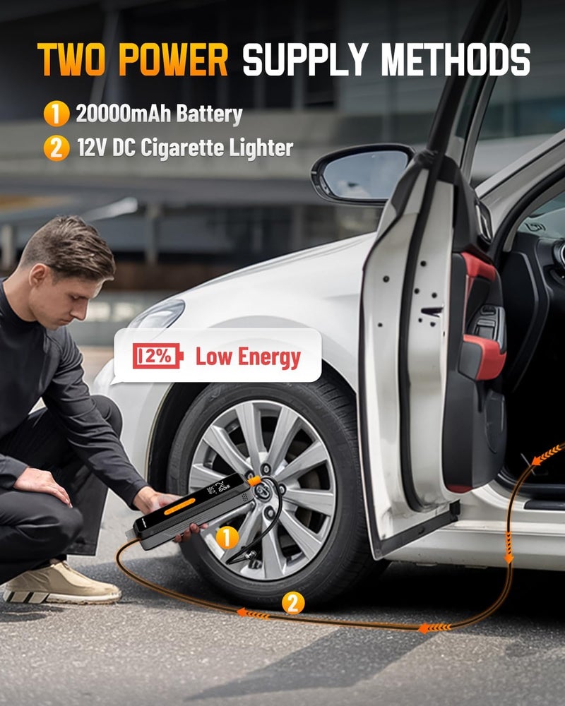 NEVERLAND Tire Inflator Portable Air Compressor - with 20000mAh Battery, 150 PSI Air Pump For Car Tires, 12V DC Electric Bike Tire Pump with Pressure Gauge LED Light for Car, Bicycle, Motorcycle, Ball - Image 5